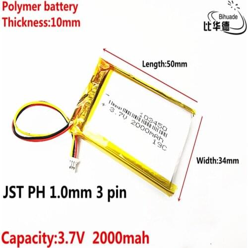 JST PH 1.0mm 3 pin Good Qulity 3.7V lithium battery early 103450 2000mAh headlight GPS navigator general polymer batteries