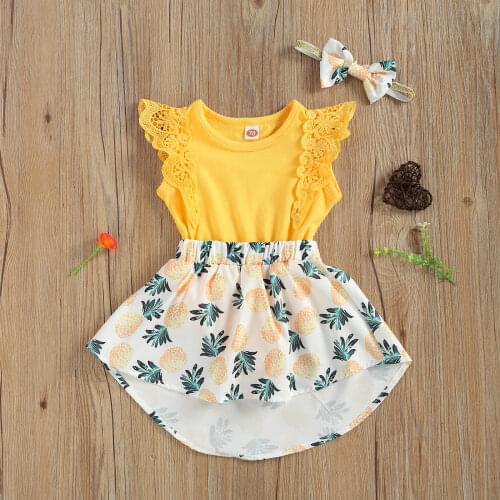 Pudcoco Newborn Baby Girl Fruit Printing Two-pieces Set Infant Girls Flying Sleeve Round Collar Dress Headband 2Pcs Outfits Set