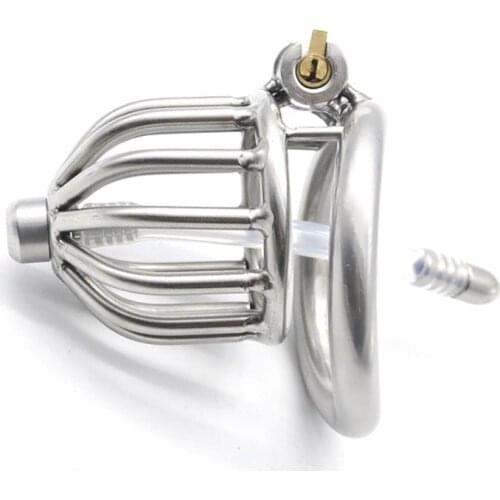 Short style stainless steel bird cage with urethral catheter chastity device metal cock lock penis ring bdsm cock cage lock