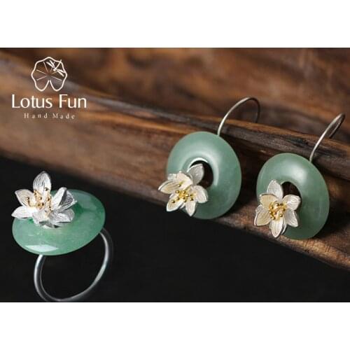 Lotus Fun Real 925 Sterling Silver Natural Green Stone Creative Handmade Fine Jewelry Lotus Whispers Jewelry Set for Women
