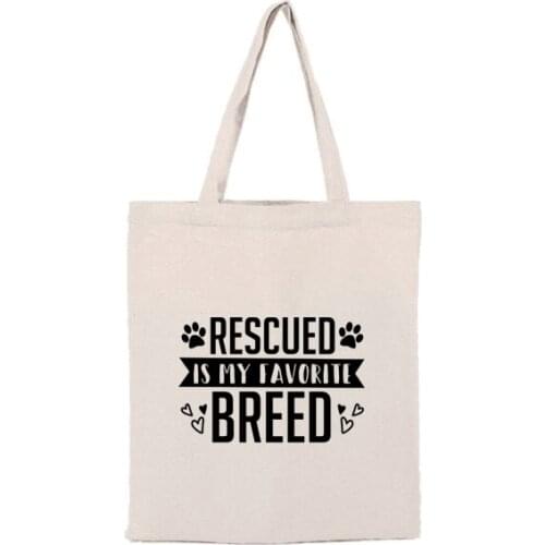 Fashion Shopping Travel Bag Rescued Is My favorite Breed Canvas Bag Tote Casual Dog Paw Heart Harajuku Zipper Gift Pocket Bags