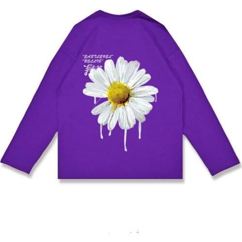 Ins Style Retro Funny Oil Painting Chrysanthemum Print T Shirts Men 100% Cotton Top Tee Skateboard Purple Grey Ulzzang T-shirt