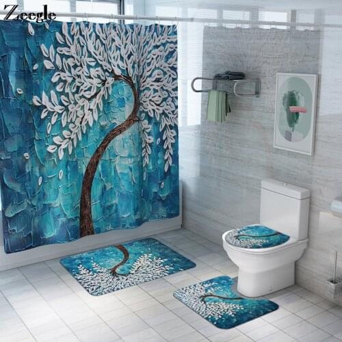 Zeegle Floral Pattern Printed Bathroom Mat Set with Waterproof Shower Curtain U-Shaped Toilet Rug and Anti-slip Foot Rug Set