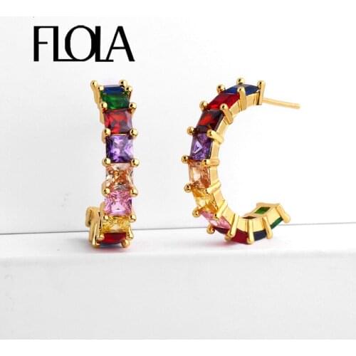 FLOLA Delicate Rainbow Baguette Hoops Cubic Zirconia Colorful Hoop Earrings Pendientes Gold Filled Luxury Huggie Jewelry ersq35