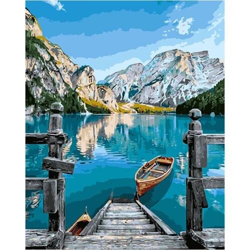 A new painting drawn by numbers for adults and children-Lake under the mountain. Free digital kit, including pens and photos