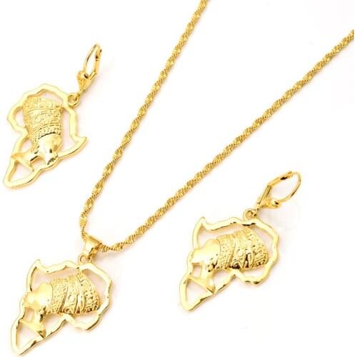 New african map women head gold Jewelry Set for Women Drop Dangle Earrings Tassel Pendant necklace wedding bridal party gifts