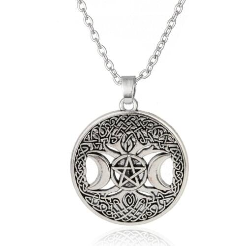 Triple Moon Goddess Wicca Pentagram Magic Amulet Necklaces Tree Of Life Moon Star Women Pendants Choker Gifts Jewelry