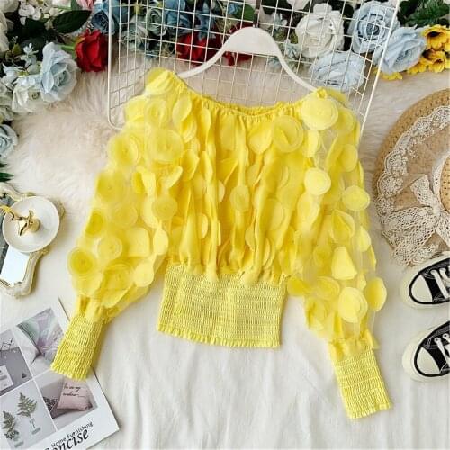 One-shoulder see-through mesh chiffon shirt womens loose waist lantern sleeve small shirt three-dimensional flower cropped top