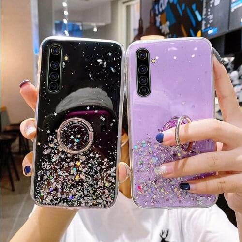 Luxury Ring Cute Bling Glitter Silicone Phone Case For Realme 7 6 5 i Pro XT X 2 3 X50 C 15 12 11 Ultra-thin Sequins Stand Cover
