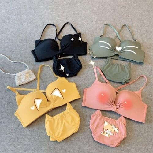 SP&CITY Student Girls Ear Design Cute Underwear Set Women Sexy Seamless Push Up Bra Set Wire Free Breathable Gathered Lingerie