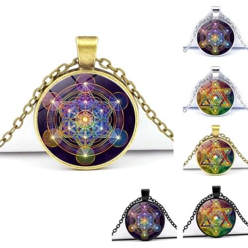 Mysterious Metatron Cube Necklace Sacred Geometry Flower Of Life Glass Pendants Magic Hexagram Choker Jewelry For Unisex