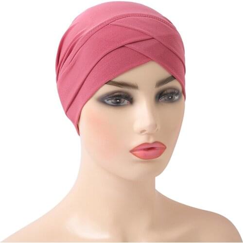 H117 Forehead criss Cross Muslim Turban Pure Color Stretch Inner Hijabs For Caps Ready To Wear Women Head Scarf Under Bonnet
