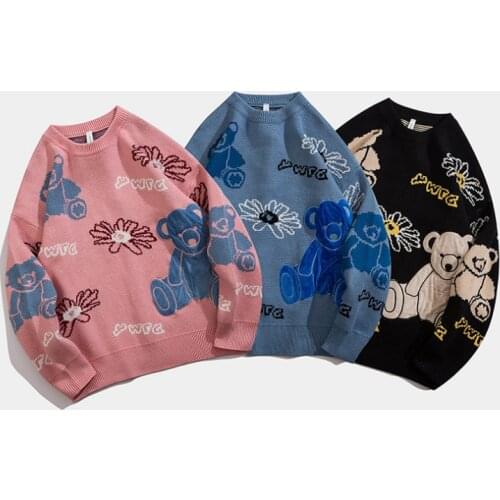 Japanese Sweet Little Bear Printed Knitted Sweater Plus Size женская одежда Winter Korean Casual Pull Oversize Couple Outfit
