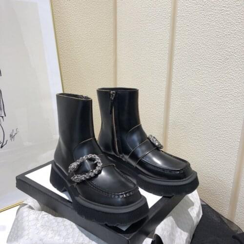 Shoes Women New Autumn Genuine Leather Ankle Boots Silk Crystal Buckle Round Toe Gesigner Shoes Zipper Casual Botas Femininas