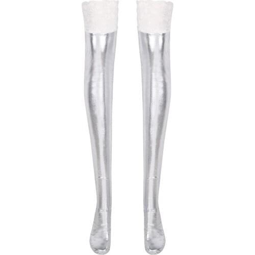 Women Sexy Anti-skid Soft Elasticity Wet Look Patent Leather Lace Thigh High Footed Stockings Club Costume Cosplay Socks Fashion