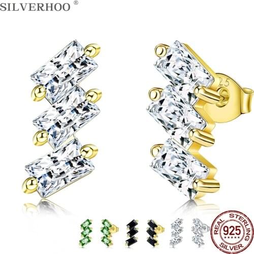SILVERHOO S925 Sterling Silver Earrings For Women Square Cubic Zirconia Fine Jewelry Dating Charming Stud Earring Hot Sale Gift