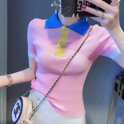 2021 Summer Patchwork Knitwear Tops Korean Fashion Slim Knitted Cardigan T-Shirt Female Casual Elastic Clothing Women Y336