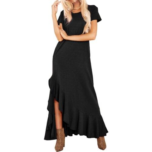 Womens Round Neck Stitching Ruffle Maxi Dress Sexy Side Slid Plain Casual Party Ladies Long Dress Vestidos for Female 2021 D30
