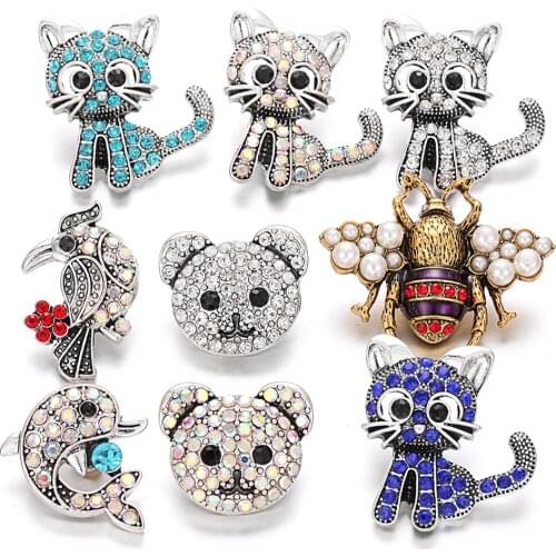 6pcs/lot New Snap Jewelry Crystal Elephant Bird Cat Owl Snap Buttons DIY Ginger Charms Fit 18mm Snap Button Bracelet Bangle