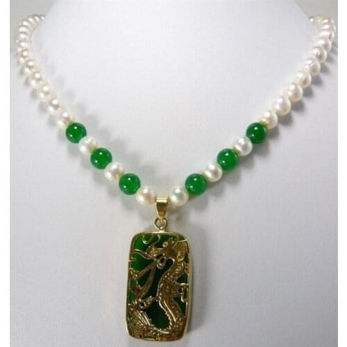 Free Shipping fine green natural jade & mixed white pearl necklace +lucky dragon pendant 8mm