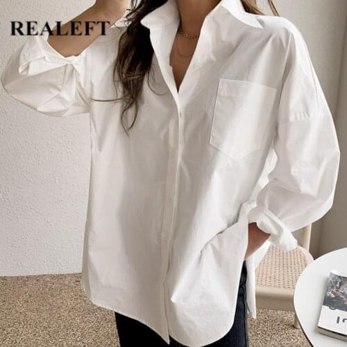 REALEFT 2021 New One Pockets White Womens Blouse Turn-down Collar Casual Loose Female Blouse Chic Tops Workwear Shirts Spring