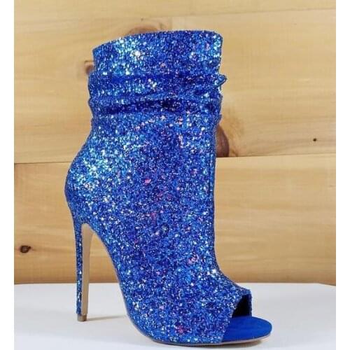 Moraima Snc Blue Glitter Embellished High Heel Boots Sexy Peep Toe Thin Heels Ankle Boots Woman Riidng Boots White Pink