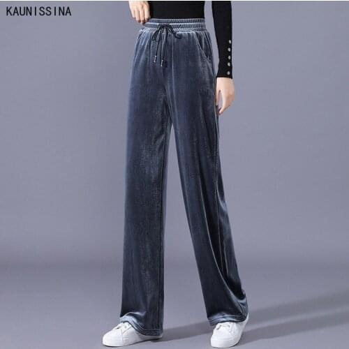 Womens Trousers Full Length Pleuche Plus Size Pants High Waist Loose Spring Autumn Casual Drawstring Straight Women Pants S-6XL