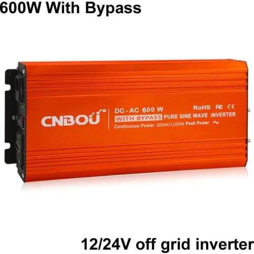 Off Grid 600W Home Inverter with Bypass Pure Sine Wave Input DC12/24V to 110/220V with USB Outlet