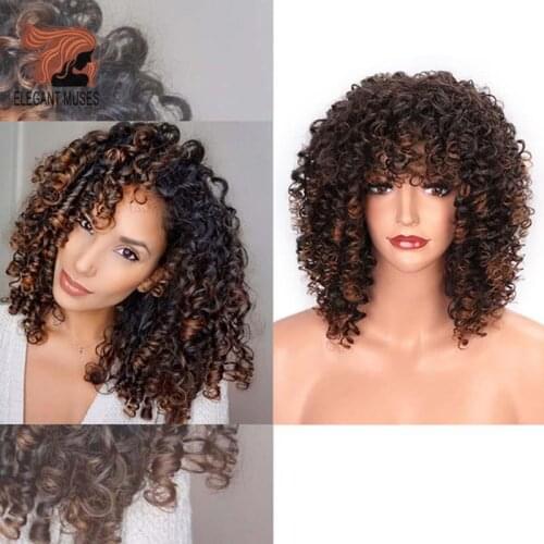 ELEGANT MUSES Synthetic Afro Kinky Curly Wigs Short Curly Wig with Bangs for Black Women Mixed Brown Ombre Blonde
