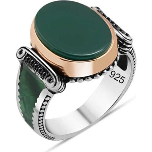 Green Agate Gemstone Cabochons Silver Men 'S Ring