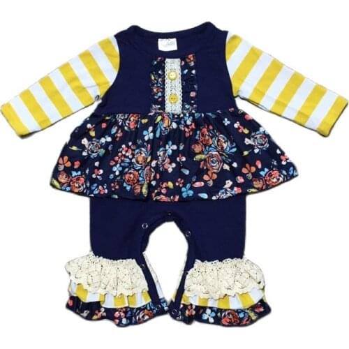 Girlymax 2 Colors Jumpsuit Stripe Navy Wine Floral Flower Ruffles Long Sleeve Baby Girls Kids Clothing Infant Romper Toddler