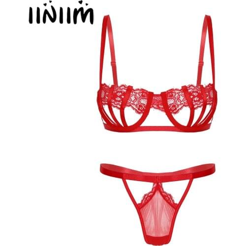 Iiniim Womens Lace Lingerie Set Underwear Nightwear Hollow Out Exotic Sissy Underwire Bra with T-back G-string Briefs Panties