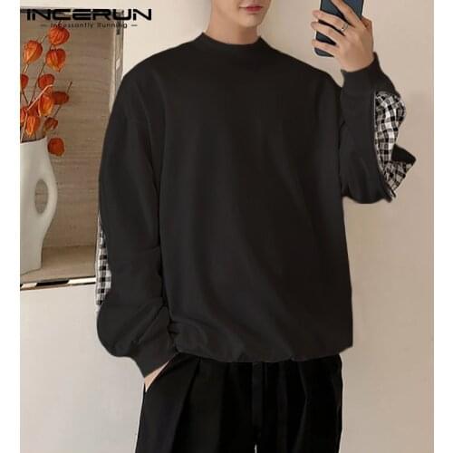 Men Sweatshirts Plaid Patchwork 2021 Round Neck Korean Zipper Long Sleeve Hoodies Streetwear Casual Pullovers Men INCERUN S-5XL