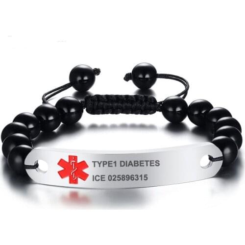 Mens Bar Bracelet Medical Alert ID ICE Customized DIY Bracelets Stainless Steel Carnelian Beaded Wrist for Men Adjustable Rope