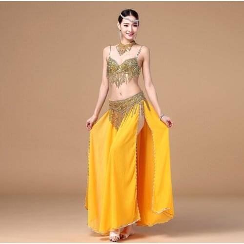 2019 Belly Dance Clothing 3pcs Outfit Women Costume Beads Bra Chiffon Long Skirt Belly Dance Costumes Set Bra Belt Skirt