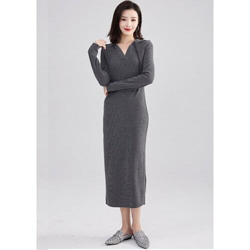 New Elegant Stylish Knitwear Womens Dress Spring Autumn Sweater Hoodies Long Sheath Fitted Waist Sweater Dress Female