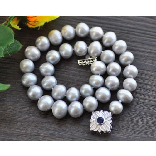 P7670 17" 14mm Gray Round Freshwater Pearl Necklace Sapphire Clasp