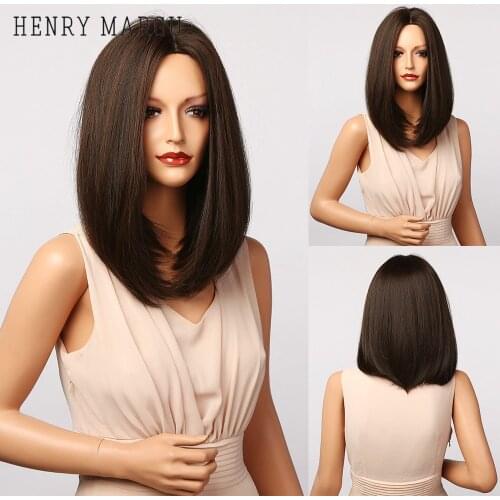 HENRY MARGU Straight Black Brown Synthetic Wigs with Highlight for Women Middle Part Shoulder Length Heat Resistant Bobo Hair