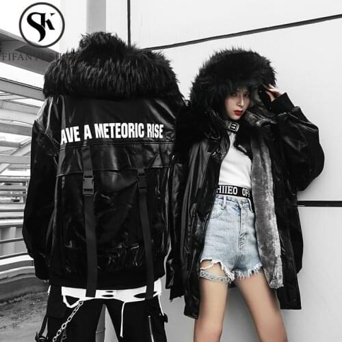 Couples Winter Jacket Women Faux Fur collar Hooded Parkas Hip hop Cotton Coat Female Thick Warm Overcoat Leather Jacket Parka
