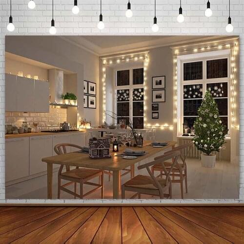 Christmas Kitchen Backdrop Winter Tree Wood Table String Lights Window Photography Background Photo Studio Photozone Decor Props