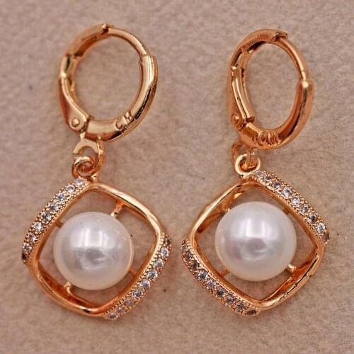 Trendy Gold Copper Square Dangle Pearl Earrings White Zirconia Stone For Women Girls Fashion Jewelry Accessories Wedding Gift