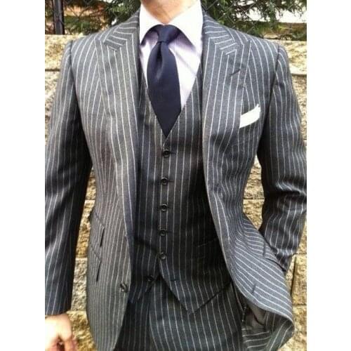 Latest Design Two Buttons Grey Strips Groom Tuxedos Peak Lapel Groomsmen Mens Wedding Prom Suits (Jacket+Pants+Vest+Tie) NO:197