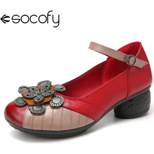 SOCOFY Ethnic Flowers Decor Genuine Leather Non Slip Buckle Strap Chunky Heel Comfy Pumps Woman Summer Sandals Women Shoes