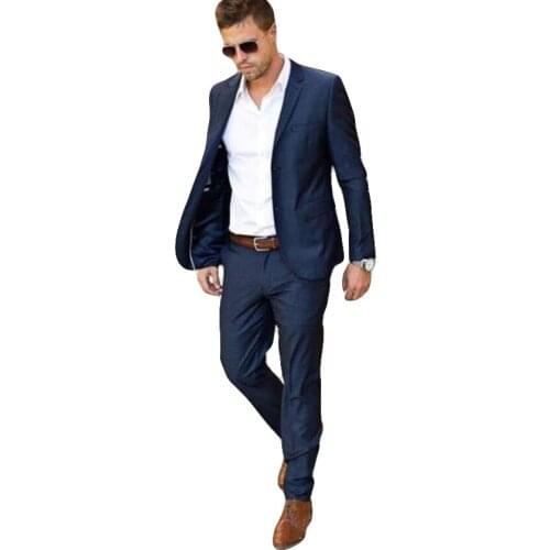 Navy Blue Men Suit 2020 Fashion Groom Summer Wedding Suits For Men Slim Fit Groom Tuxedos For Best Man(Jacket+Pants) Blazer
