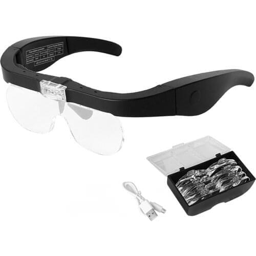 USB Rechargeable 2 LED Auxiliary Light Wearable Magnifier Magnifying Loupe 4 Replaceable Lenses 1.5X/2.5X/3.5X/5X Magnification