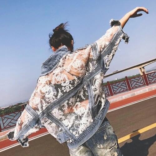 Women New Denim Jacket Embroidery Lace Hollow Out Patchwork Loose Jeans Streetwear Outerwear Plus Size Harajuku