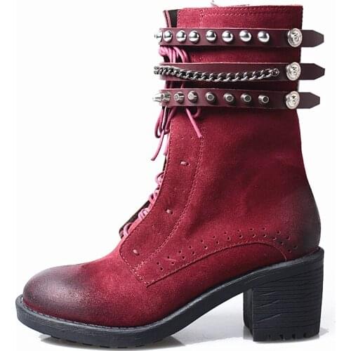 Autumn Winter Boots Women Punk Style Rivet Zip Cow Suede Ankle Shoes Brand Street Round Toe Casual High Heels Booties