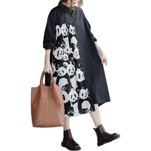 Long Sleeve Shirt Dress Women Autumn 2020 New Loose Large Size Animal Panda Long Dress Women Vintage Plus Size Maxi Black Dress