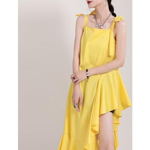 Johnature New Fashion Spaghetti Strap Irregular Ruffles Dress For Women 2021 Summer Loose Sleeveless Female Dresses