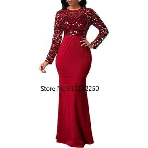 Elegant Sequin Evening Party Dress Women 2021 O Neck Long Sleeve High Waist Slim Red Maxi Mermaid Dresses Long Vestidos